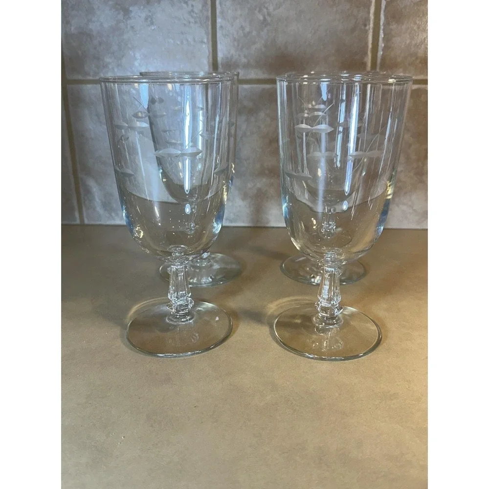 4 - VTG Libbey StemWare Goblets Etched Cut Hand Blown 1950's Footed Beverage